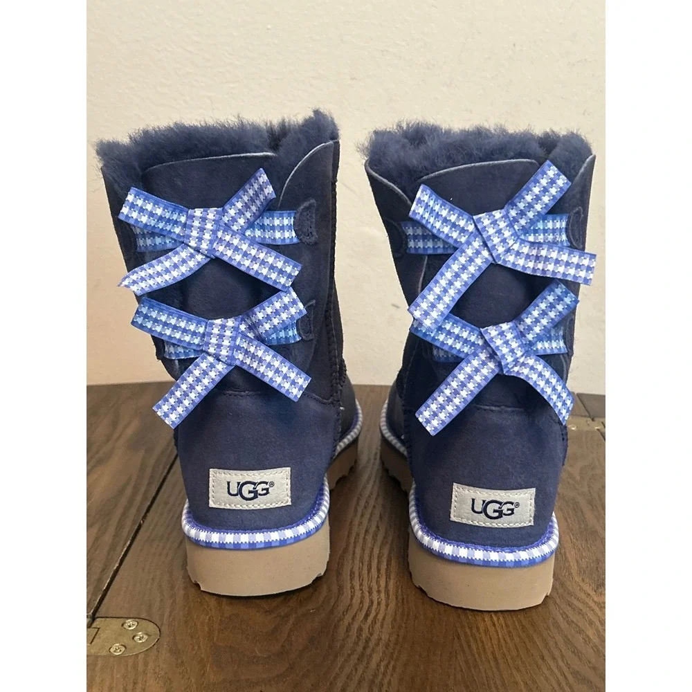 UGG‎ Classic Short Bailey Bow GINGHAM Navy Boots Women's Size 7